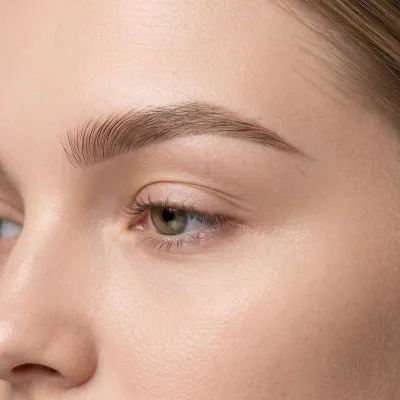 Gros plan sur des sourcils traités en technique combo brows, mélange de traits fins et d'ombré poudré, peau claire