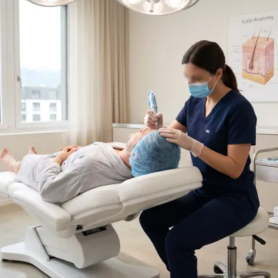 Praticienne réalisant une dermopigmentation du cuir chevelu en cabinet médical suisse, ambiance clinique et rassurante