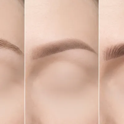 Illustration comparative de trois textures de sourcils, semi-permanent, poudré et permanent, sur peau claire