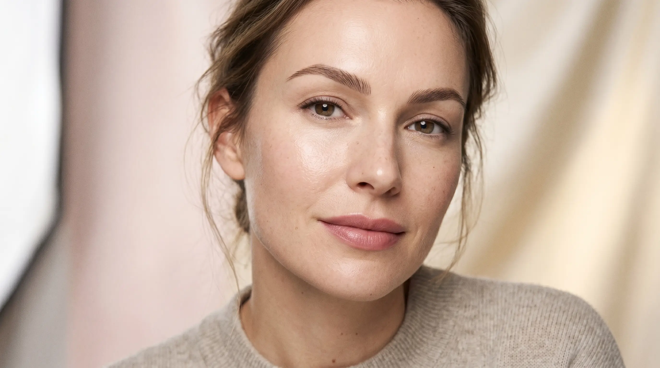 Gros plan sur un visage mettant en valeur un maquillage permanent naturel des sourcils et des lèvres